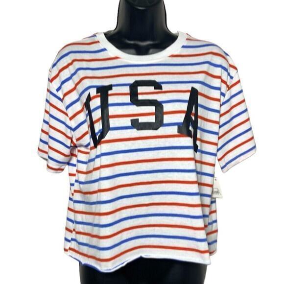 Mighty Fine Striped USA Patriotic Women’s Crop Top Red & Blue Stripes Size Large - Picture 1 of 9